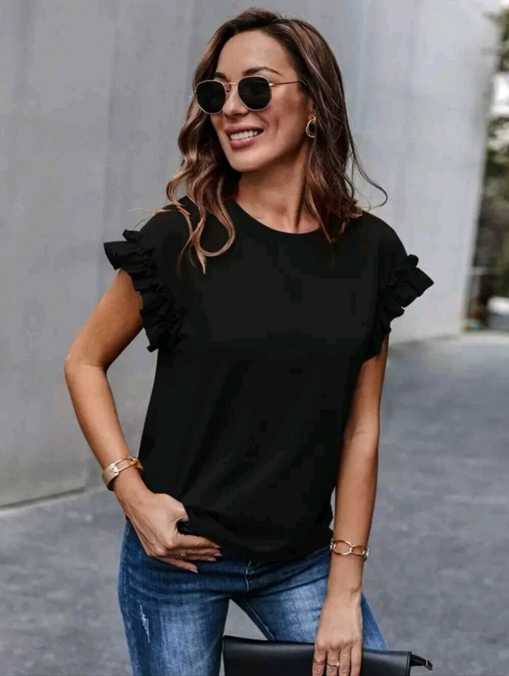 Women Solid Black Ruffle Short Sleeve Crewneck Relax Fit Top Size Medium Casual - Picture 1 of 8